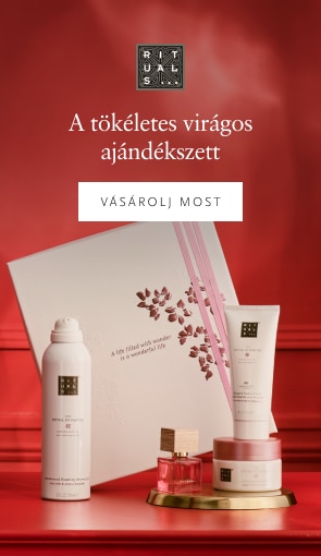 Rituals virágos ajándékcsomag elegáns fehér díszdobozban, prémium testápoló és illat termékek ünnepi ajánlata.